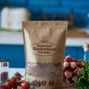 roasted buckwheat groats packaging blue wall
